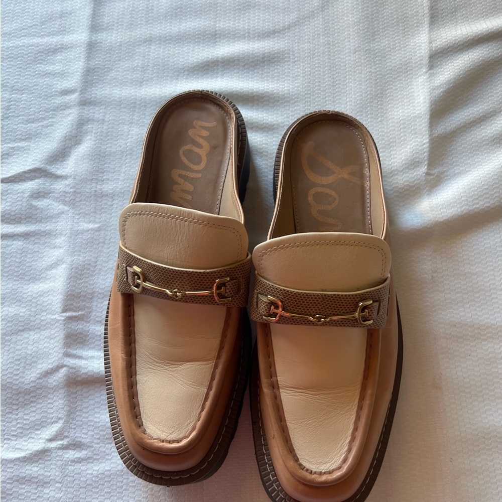 Sam Edelman Two-Tone Cream and Brown Leather Backless Loafers - Picture 7 of 12